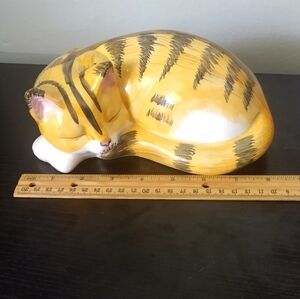 Sleeping Cat Orange Tabby Ceramic Figurine 8.5 In
